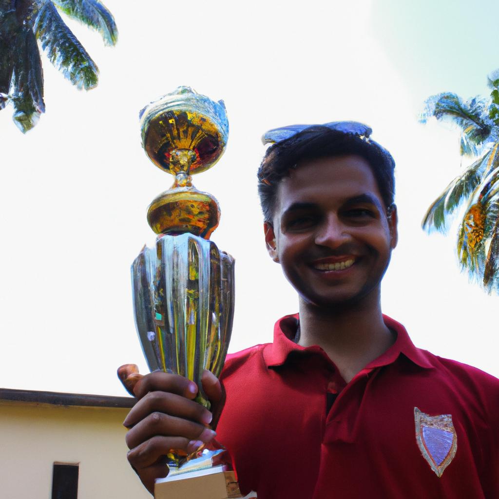 Person holding cricket trophy, smiling