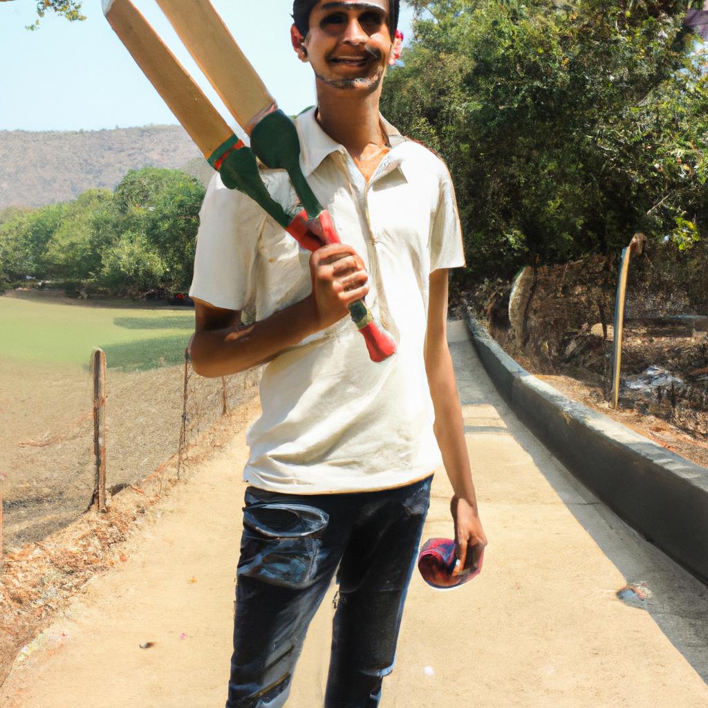 Person holding cricket equipment, smiling